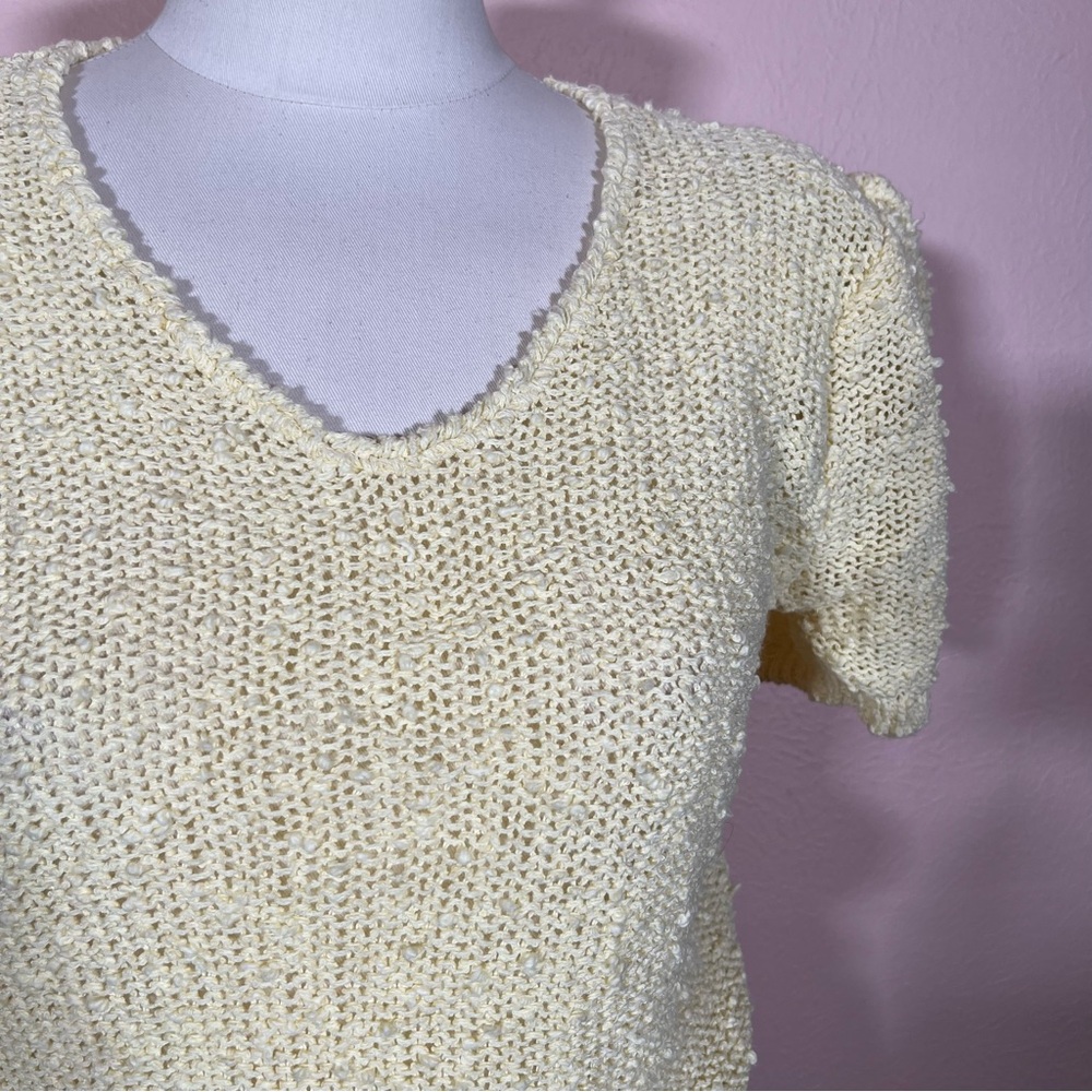 Vintage 70 80 Retro Pale Yellow Nubby Puff Sleeves Feminine Cropped Sweater - Picture 6 of 16